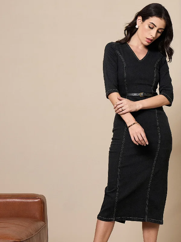 Value Deals Women Black Denim V-Neck Below Knee Dress