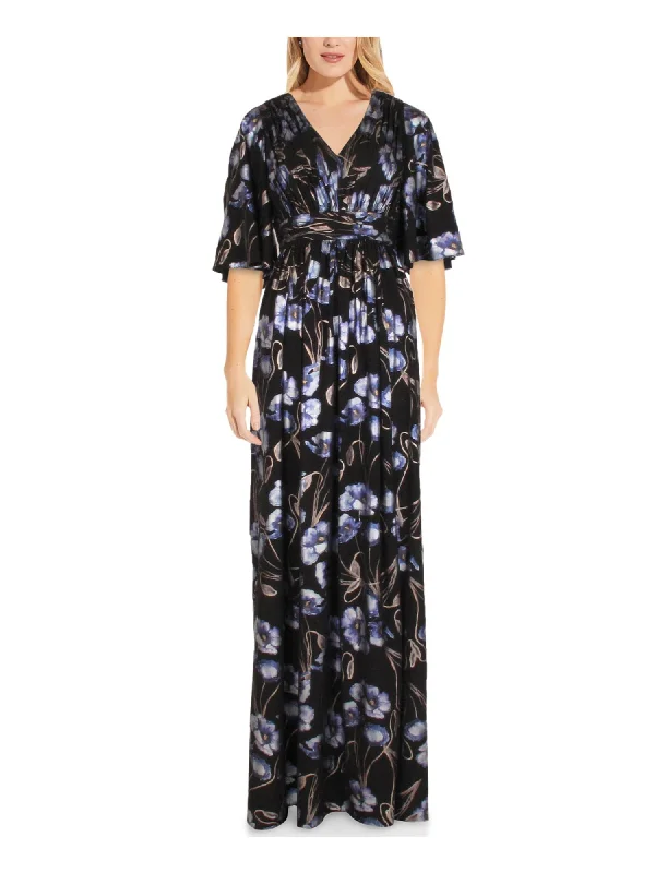 Crazy Deals ADRIANNA PAPELL Womens Black Pleated Zippered Metallic Floral Kimono Sleeve V Neck Full-Length Evening Gown Dress Crazy Deals ADRIANNA PAPELL Womens Black Pleated Zippered Metallic Floral Kimono Sleeve V Neck Full-Length Evening Gown Dress