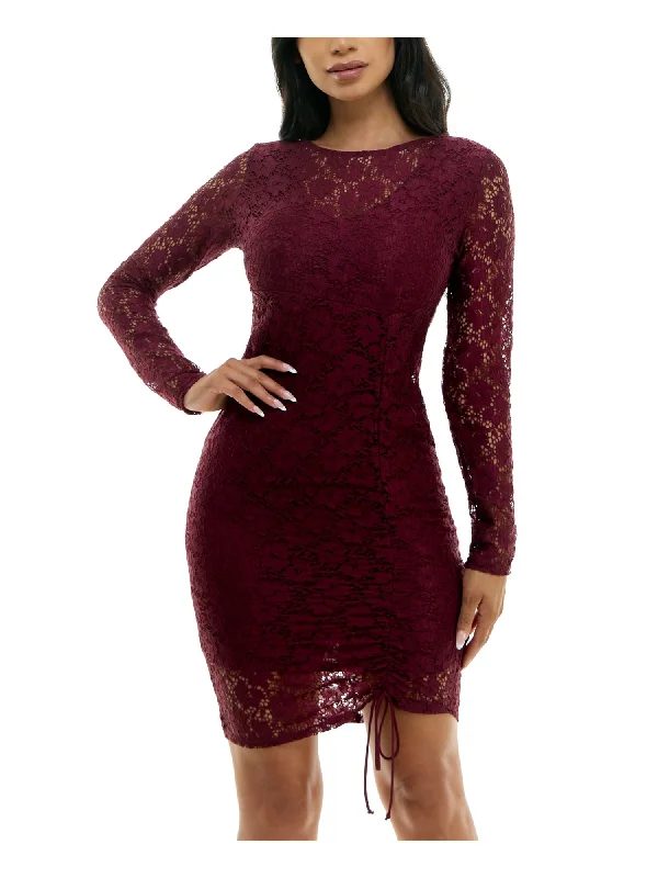 Early Access BEBE Womens Burgundy Ruched Tie Lined Pullover Long Sleeve Round Neck Above The Knee Party Body Con Dress Early Access BEBE Womens Burgundy Ruched Tie Lined Pullover Long Sleeve Round Neck Above The Knee Party Body Con Dress