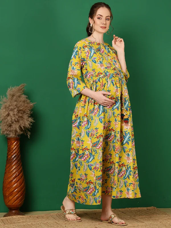 Best Bargains Women Yellow Printed Flared Maternity Dress