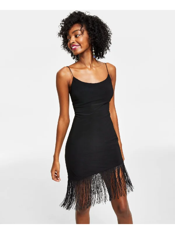 Grand Opening Sale B DARLIN Womens Black Lined Asymmetrical Fringed Hem Spaghetti Strap Scoop Neck Above The Knee Party Body Con Dress Grand Opening Sale B DARLIN Womens Black Lined Asymmetrical Fringed Hem Spaghetti Strap Scoop Neck Above The Knee Party Body Con Dress