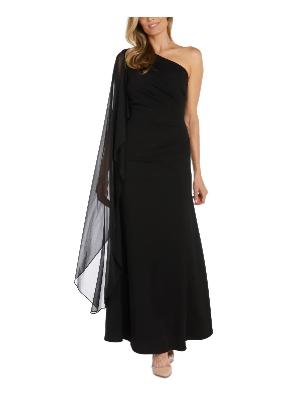 Daily Specials NIGHTWAY Womens Black Zippered Ruched Sheer Cape Sleeve Lined Asymmetrical Neckline Full-Length Formal Gown Dress Daily Specials NIGHTWAY Womens Black Zippered Ruched Sheer Cape Sleeve Lined Asymmetrical Neckline Full-Length Formal Gown Dress