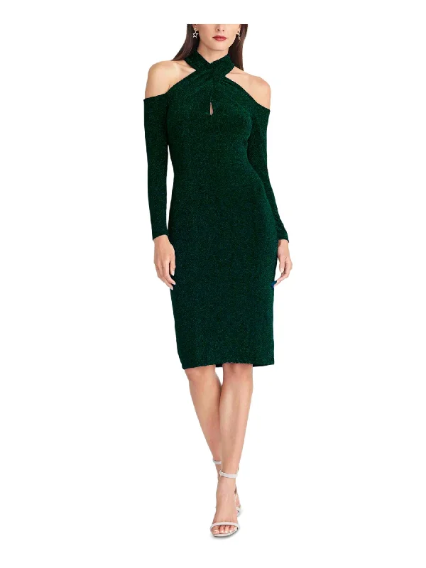 Limited Availability RACHEL ROY Womens Green Cold Shoulder Glitter Crisscross-halter Keyhole Long Sleeve Midi Party Sheath Dress Limited Availability RACHEL ROY Womens Green Cold Shoulder Glitter Crisscross-halter Keyhole Long Sleeve Midi Party Sheath Dress