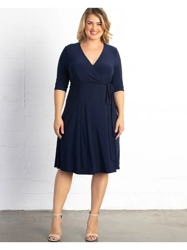 Online Only KIYONNA Womens Navy Stretch Elbow Sleeve Surplice Neckline Knee Length Wear To Work Wrap Dress Online Only KIYONNA Womens Navy Stretch Elbow Sleeve Surplice Neckline Knee Length Wear To Work Wrap Dress