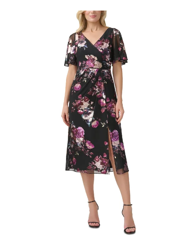 Sneak Peek Sale ADRIANNA PAPELL Womens Black Zippered Ruched Slitted Lined Floral Flutter Sleeve Surplice Neckline Midi Wear To Work Faux Wrap Dress Sneak Peek Sale ADRIANNA PAPELL Womens Black Zippered Ruched Slitted Lined Floral Flutter Sleeve Surplice Neckline Midi Wear To Work Faux Wrap Dress