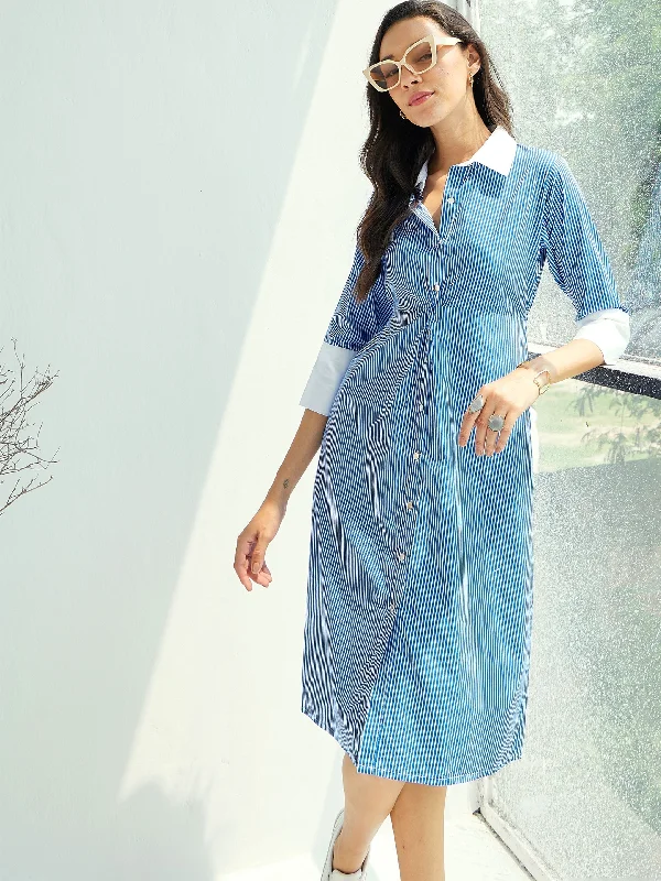 Extra Savings Women Blue & White Stripe Contrast Collar Midi Dress