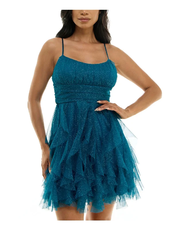 Buy Now PEAR CULTURE Womens Teal Zippered Pleated Lace-up Back Corkscrew Ruffles Spaghetti Strap Scoop Neck Above The Knee Party Fit + Flare Dress Buy Now PEAR CULTURE Womens Teal Zippered Pleated Lace-up Back Corkscrew Ruffles Spaghetti Strap Scoop Neck Above The Knee Party Fit + Flare Dress