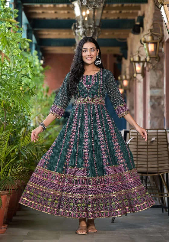 Overstock Green Ethnic Motif Printed Georgette Maxi Dress With Sequins Gota Patti