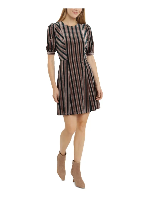 Discount Deals LONDON TIMES Womens Brown Zippered Textured Lined Striped Short Sleeve Round Neck Short Wear To Work Fit + Flare Dress Discount Deals LONDON TIMES Womens Brown Zippered Textured Lined Striped Short Sleeve Round Neck Short Wear To Work Fit + Flare Dress