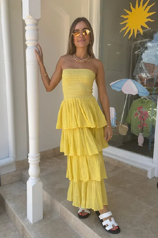 While Supplies Last Tiered Maxi Dress Lemon/Gold