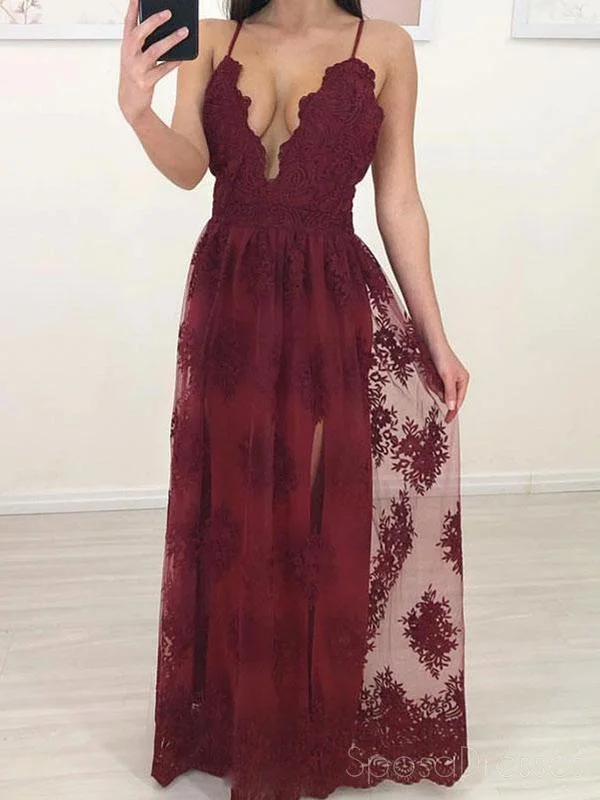 Limited Time Maroon Side Slit Lace Cheap Long Evening Prom Dresses, Custom Sweet16 Dresses, 18416