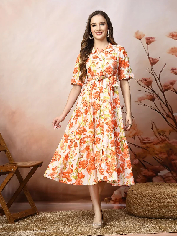 Act Now Floral Printed Cotton Flared Dress