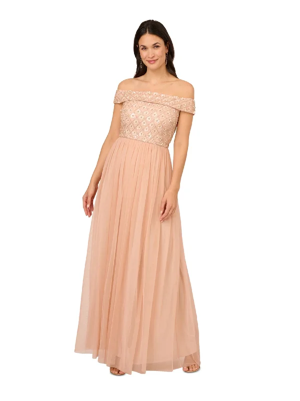Exclusive Preview ADRIANNA PAPELL Womens Pink Mesh Zippered Slitted Lined Short Sleeve Off Shoulder Full-Length Evening Gown Dress Exclusive Preview ADRIANNA PAPELL Womens Pink Mesh Zippered Slitted Lined Short Sleeve Off Shoulder Full-Length Evening Gown Dress