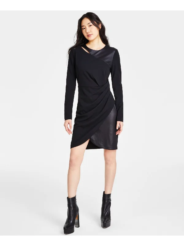 Final Clearance DKNY Womens Black Zippered Cut Out Glazed Jersey Pleated Long Sleeve Crew Neck Short Cocktail Sheath Dress Final Clearance DKNY Womens Black Zippered Cut Out Glazed Jersey Pleated Long Sleeve Crew Neck Short Cocktail Sheath Dress