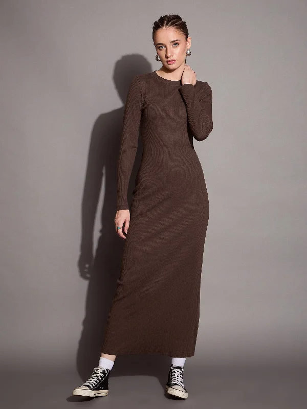 Lowest Price Women Brown Ribbed Bodycon Maxi Dress