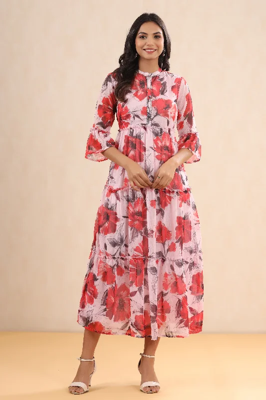 Deal Mania Women Pink Chiffon Floral Dress