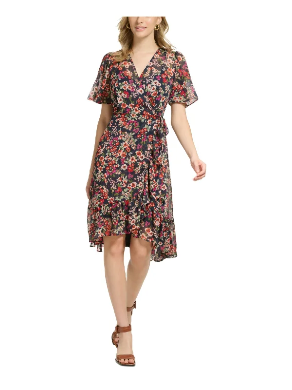 Today Only CALVIN KLEIN Womens Navy Zippered Tie Ruffled Lined Floral Flutter Sleeve Surplice Neckline Midi Wear To Work Faux Wrap Dress