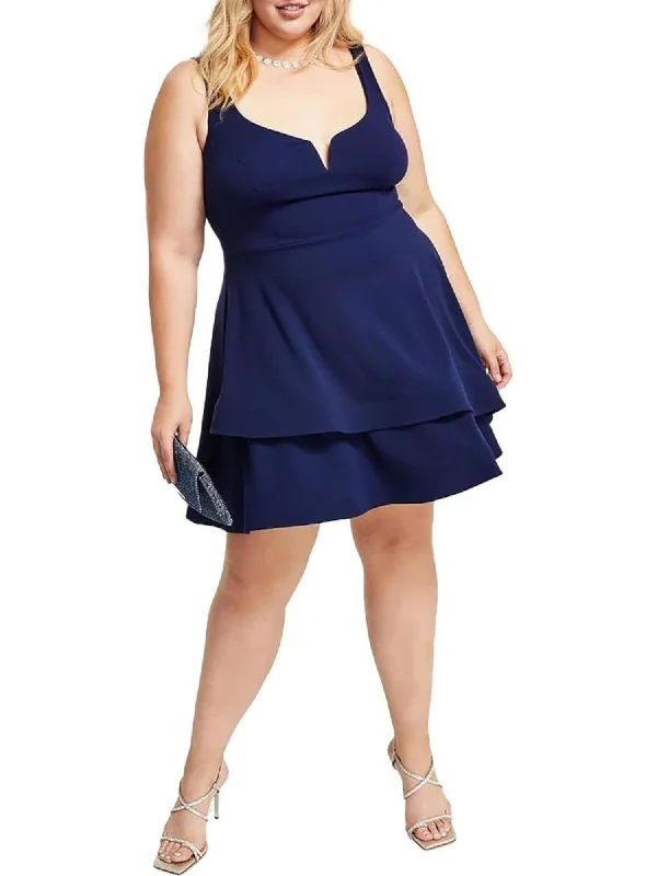 Hurry In B DARLIN Womens Navy Zippered V-notch Tiered Skirt Sleeveless Scoop Neck Above The Knee Party Fit + Flare Dress Hurry In B DARLIN Womens Navy Zippered V-notch Tiered Skirt Sleeveless Scoop Neck Above The Knee Party Fit + Flare Dress