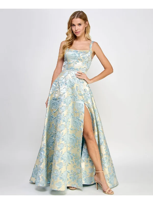 Value Deals B DARLIN Womens Light Blue Zippered Slitted Jacquard Open Lace Up Back Metal Printed Sleeveless Scoop Neck Full-Length Formal Gown Dress Value Deals B DARLIN Womens Light Blue Zippered Slitted Jacquard Open Lace Up Back Metal Printed Sleeveless Scoop Neck Full-Length Formal Gown Dress