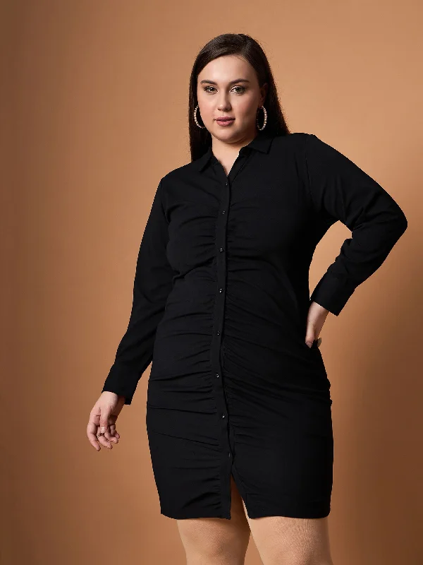 Value Deals Women Black Front Button Ruched Dress