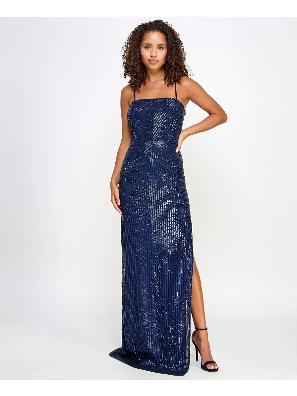 Instant Savings EMERALD SUNDAE Womens Navy Sequined Adjustable Padded Slitted Lined Zippered Spaghetti Strap Square Neck Full-Length Evening Gown Dress Instant Savings EMERALD SUNDAE Womens Navy Sequined Adjustable Padded Slitted Lined Zippered Spaghetti Strap Square Neck Full-Length Evening Gown Dress