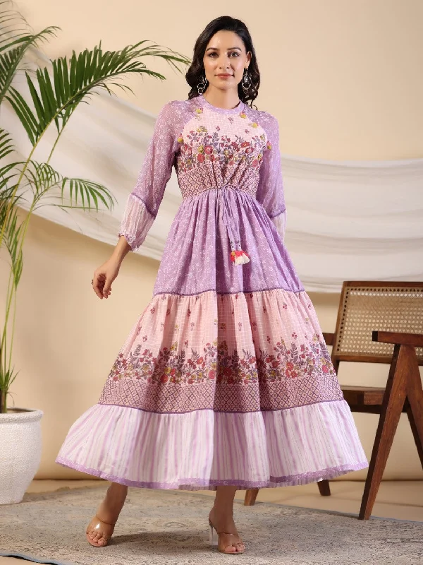 Flash Deals Women Purple Cotton Voile Printed Dress
