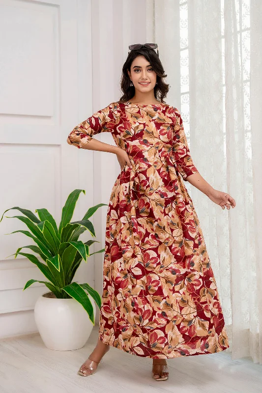New Markdowns Fab Maroon Abstract Printed Gather Dress for women