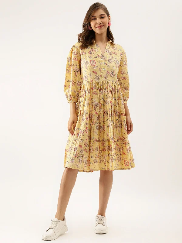Bargain Prices Women Yellow Floral Printed Cotton Dress