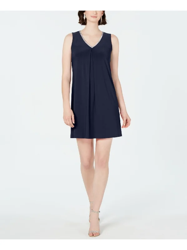 Inventory Reduction MSK Womens Navy Embellished Sleeveless V Neck Short Cocktail Shift Dress Inventory Reduction MSK Womens Navy Embellished Sleeveless V Neck Short Cocktail Shift Dress