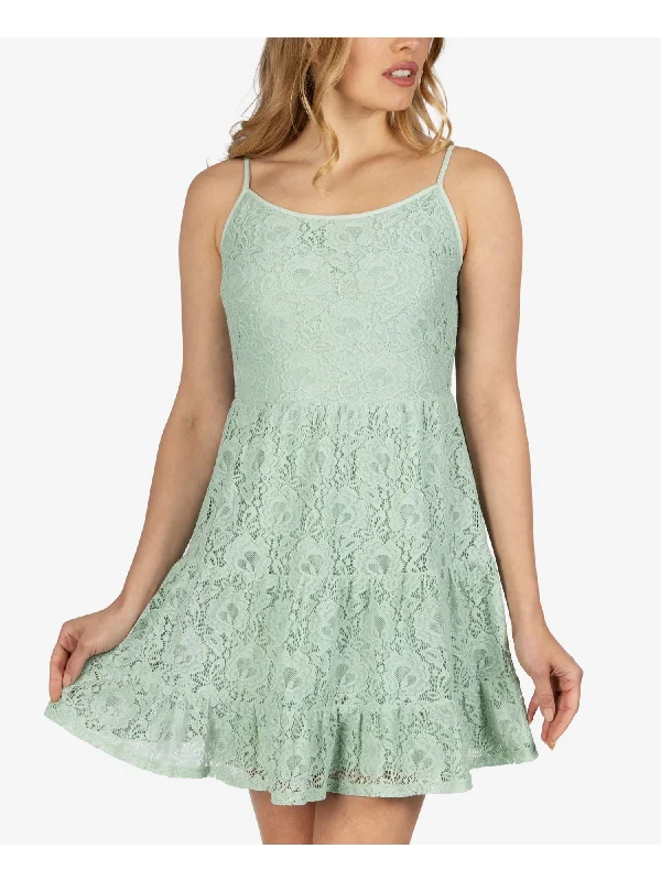 Limited Stock SPEECHLESS Womens Green Lace Ruffled Spaghetti Strap Jewel Neck Short Dress Limited Stock SPEECHLESS Womens Green Lace Ruffled Spaghetti Strap Jewel Neck Short Dress