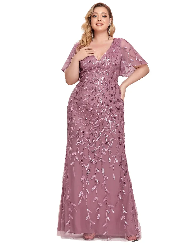Time-Limited Offer Shiny V Neck Leaf-Sequined Bodycon Formal Evening Dresses | Purple Orchid