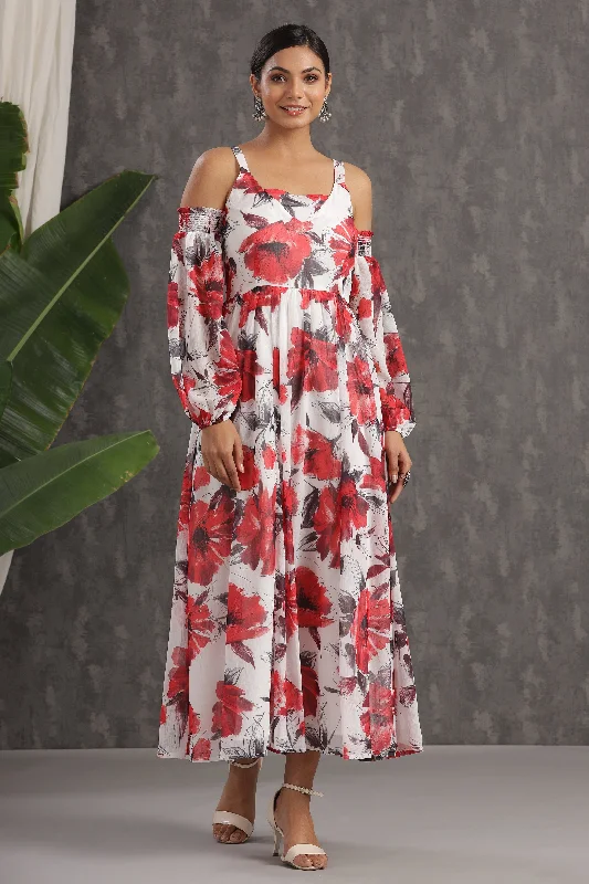 Bonus Savings Women White Chiffon Printed Dress