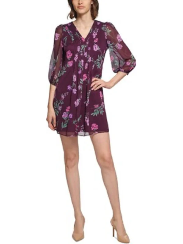 Year-End Sale CALVIN KLEIN Womens Purple Pleated Zippered Lined Floral 3/4 Sleeve V Neck Short Wear To Work Shift Dress