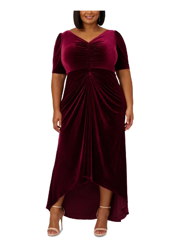 Super Sale ADRIANNA PAPELL Womens Burgundy Ruched Zippered Lined Elbow Sleeve V Neck Full-Length Evening Hi-Lo Dress Super Sale ADRIANNA PAPELL Womens Burgundy Ruched Zippered Lined Elbow Sleeve V Neck Full-Length Evening Hi-Lo Dress