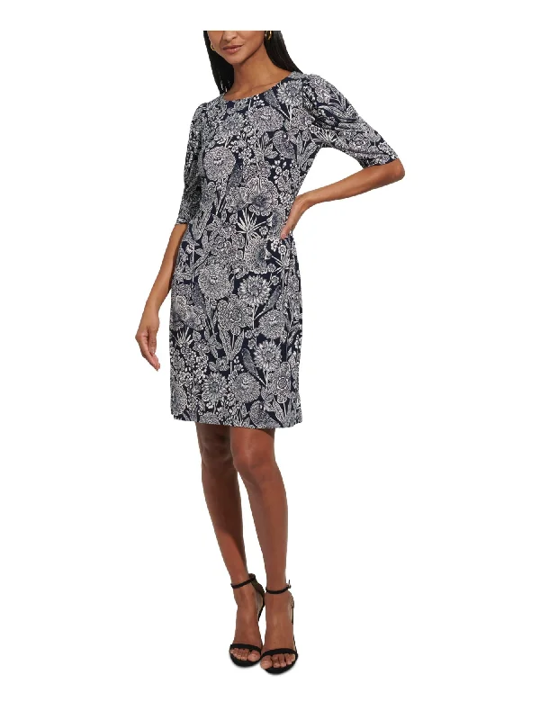 Price Reduction TOMMY HILFIGER Womens Navy Unlined Ruched Sleeve Pullover Floral Round Neck Above The Knee Wear To Work Shift Dress Price Reduction TOMMY HILFIGER Womens Navy Unlined Ruched Sleeve Pullover Floral Round Neck Above The Knee Wear To Work Shift Dress