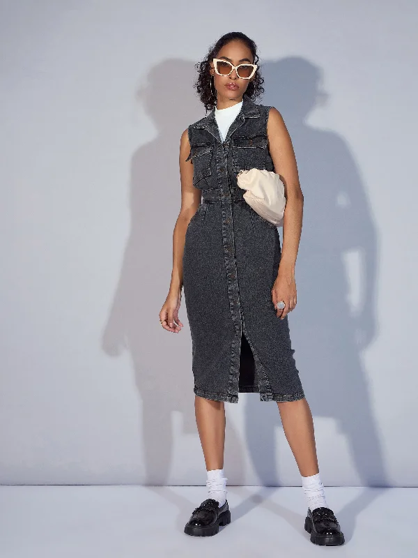 Lowest Price Women Black Denim V-Neck Midi Dress