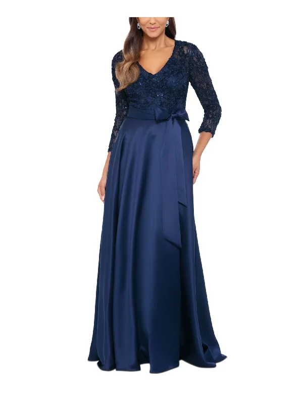 Price Slash XSCAPE Womens Navy Zippered Lined Wrap Skirt Tie-waist 3/4 Sleeve V Neck Full-Length Formal Gown Dress Price Slash XSCAPE Womens Navy Zippered Lined Wrap Skirt Tie-waist 3/4 Sleeve V Neck Full-Length Formal Gown Dress