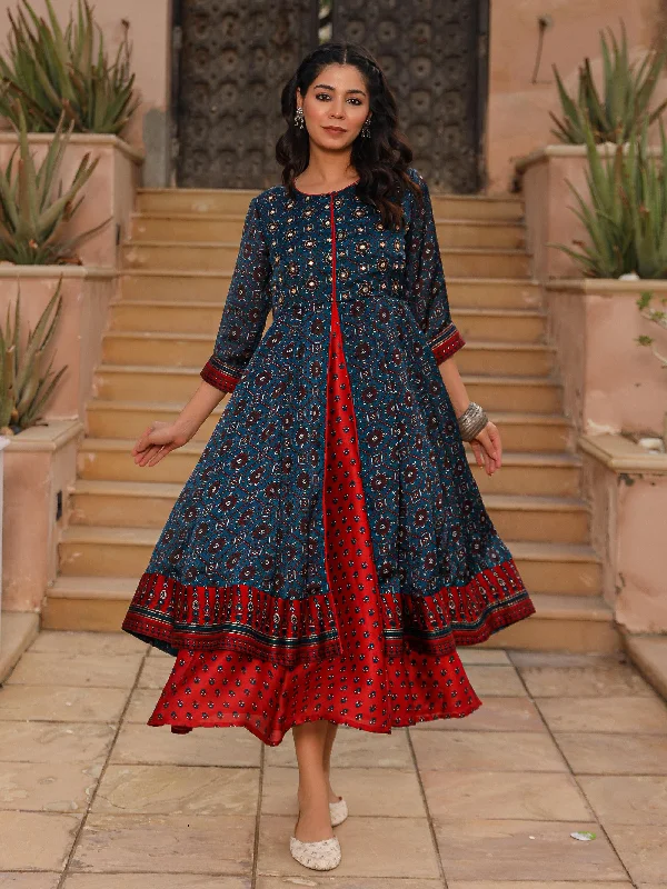 Best Seller The Chitrahar Blue Ethnic Motif Printed Cotton Dress With Mirror Work