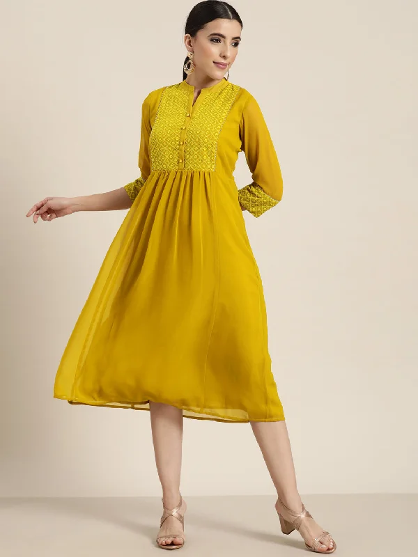 Mega Sale Women Mustard Georgette Embroidered Dress
