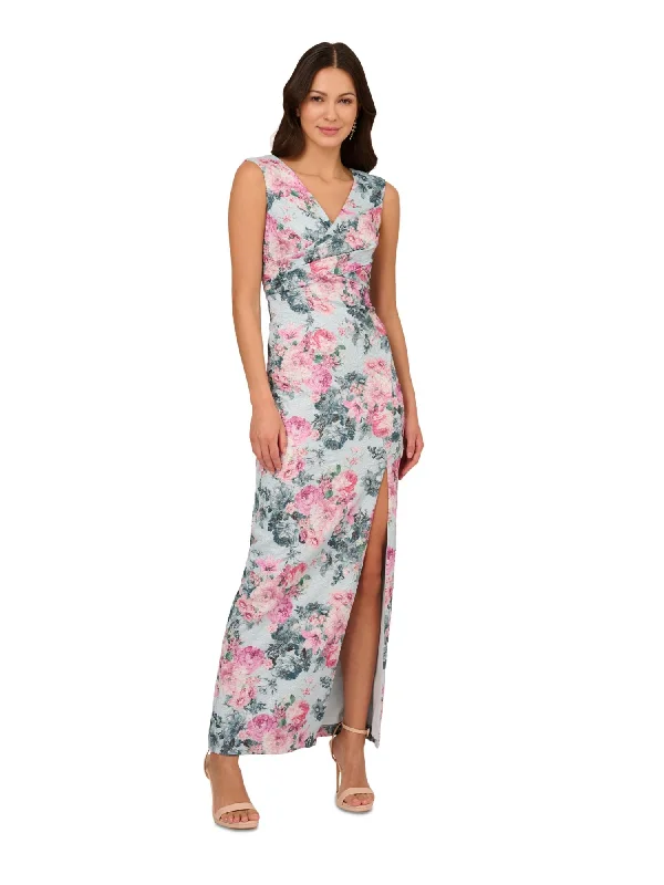 Fantastic Offers ADRIANNA PAPELL Womens Light Blue Zippered Slitted Jacquard Lined Metallic Floral Sleeveless Surplice Neckline Maxi Evening Gown Dress Fantastic Offers ADRIANNA PAPELL Womens Light Blue Zippered Slitted Jacquard Lined Metallic Floral Sleeveless Surplice Neckline Maxi Evening Gown Dress