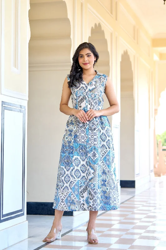 Buy Now Women Off White Abstract Printed Sleeveless Midi Dress