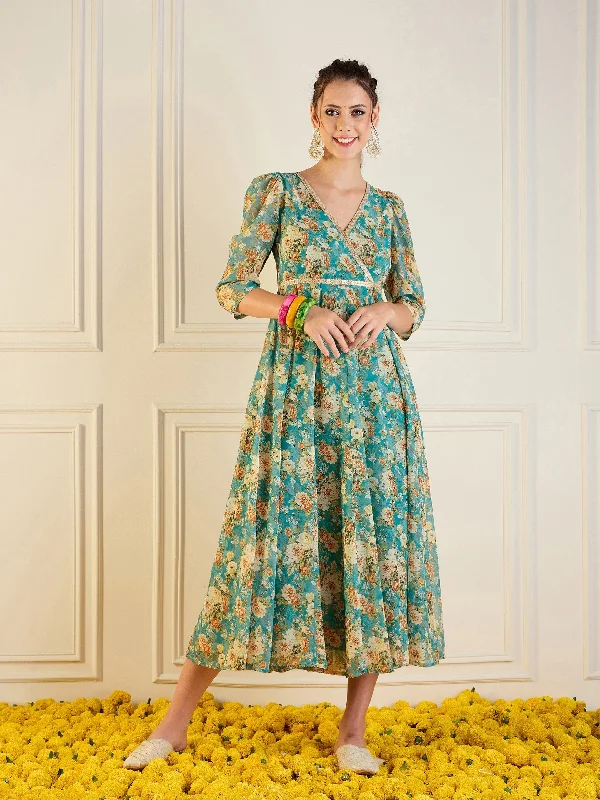 Reduced Prices Women Turquoise Blue Floral Anarkali Maxi Dress