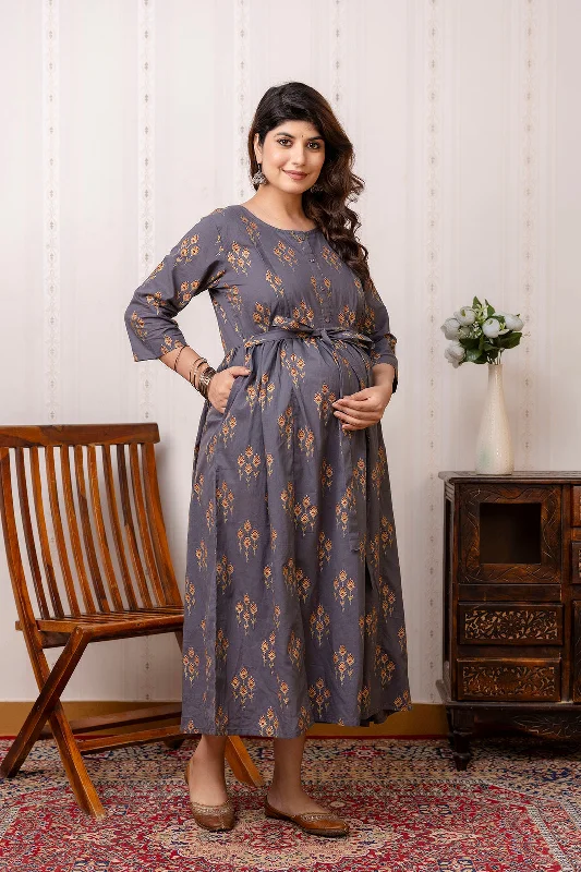 Crazy Savings Grey Ethnic Maternity Dress For Women