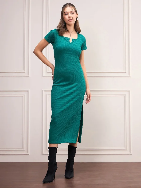 Unbeatable Prices Women Bottle Green Rib V-Neck Midi Dress