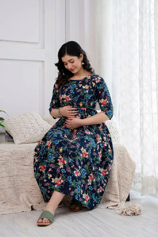 Friends and Family Sale Navy Blue Printed Maternity Dress For Women