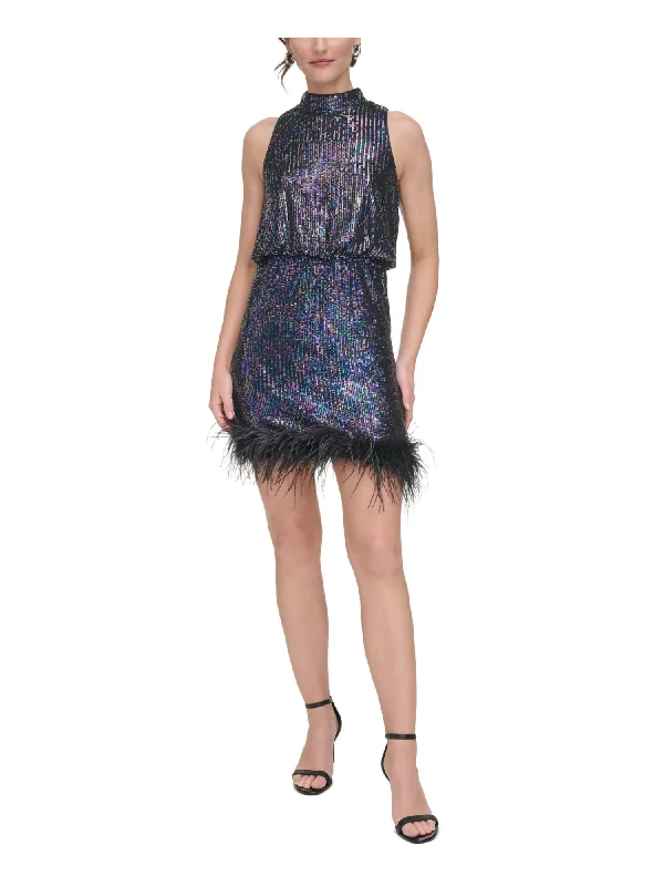 Warehouse Sale ELIZA J Womens Black Sequined Zippered Feathered Lined Sleeveless Halter Short Cocktail Sheath Dress Warehouse Sale ELIZA J Womens Black Sequined Zippered Feathered Lined Sleeveless Halter Short Cocktail Sheath Dress