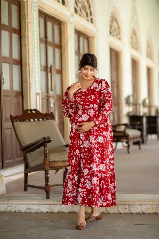 Mega Sale Women Red Printed Flared Maternity Dress