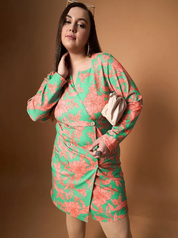 Exclusive Deal Women Green Floral Square Neck Blazer Dress