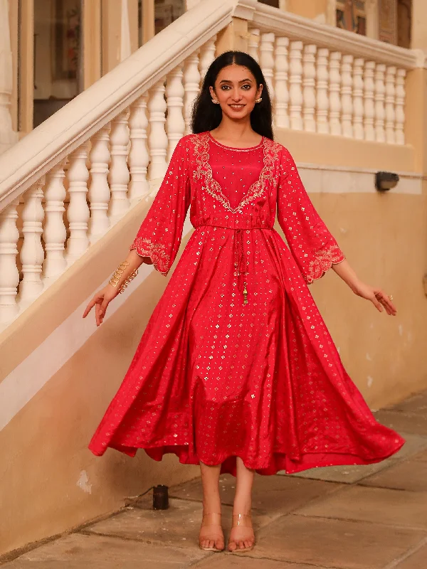 Deal Alert The Swarn Fuchsia Ethnic Motif Printed Viscose Dress With Dori & Zari Work Deal Alert The Swarn Fuchsia Ethnic Motif Printed Viscose Dress With Dori & Zari Work