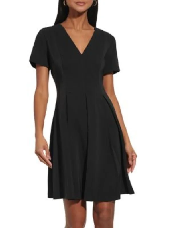 Today Only TOMMY HILFIGER Womens Black Pleated Zippered Short Sleeve V Neck Above The Knee Party Fit + Flare Dress Today Only TOMMY HILFIGER Womens Black Pleated Zippered Short Sleeve V Neck Above The Knee Party Fit + Flare Dress